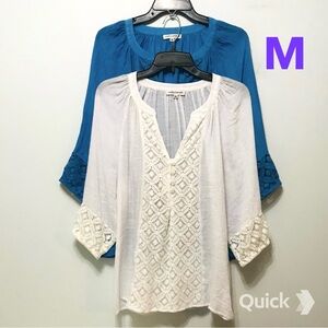 M - New 2 pcs Button Pop Over Top with Lace Trim